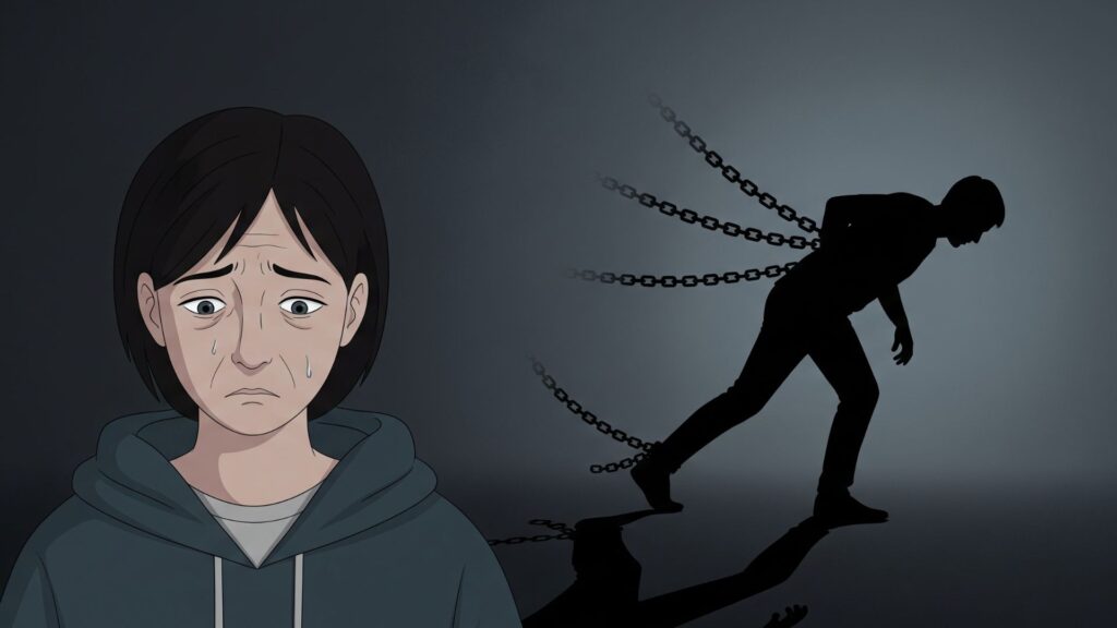 暗い背景の中、うつむき加減で物思いにふける人物のイラスト。心の重さや気分の落ち込みを象徴している。