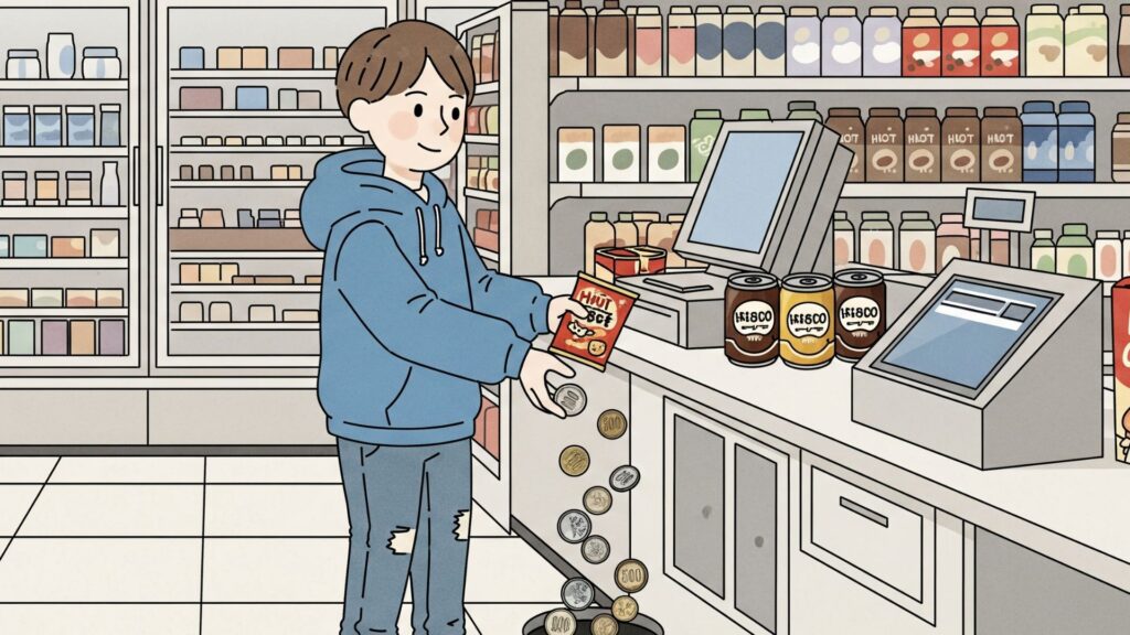 コンビニのレジ横で、ついホットスナックに手を伸ばし、財布から小銭がこぼれ落ちている様子のイラスト。