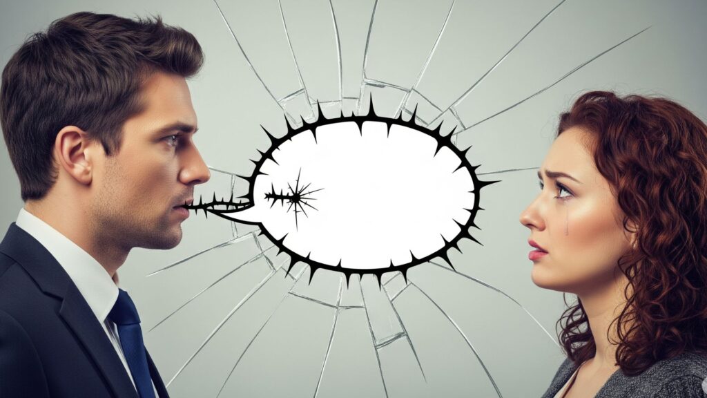 真剣な表情の男性から出たトゲのある空の吹き出しが、困惑し傷ついた表情の女性に突き刺さっているイラスト。二人の間にはひび割れたガラスが描かれ、言葉によって関係が壊れた気まずい状況を象徴している。