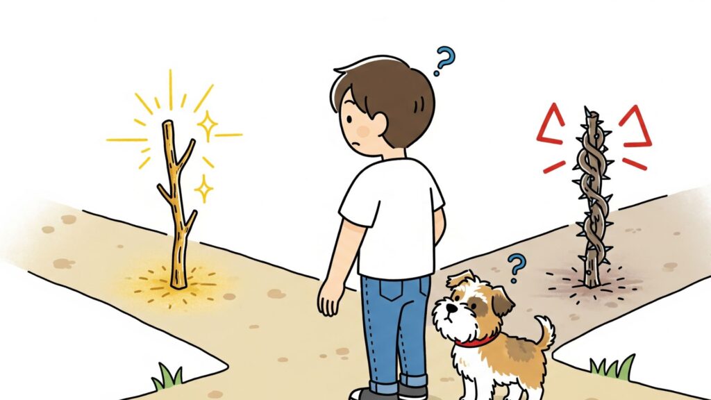 分かれ道に立つ人物と犬。片方は輝く幸運の棒へ、もう片方はトゲのある災難の棒へと道が続いているイラスト。