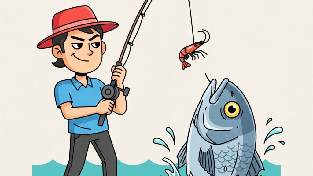 小さな海老を餌にして巨大な鯛を釣り上げようと、自信に満ちた表情で計画を立てる人物のイラスト。
