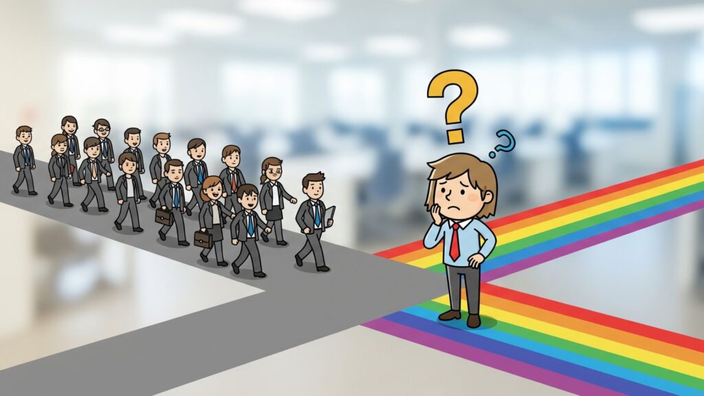 新しい会社や部署などの環境で、周囲に合わせるべきか自分らしさを出すべきか、分かれ道の前で腕を組んで悩んでいる人物のイラスト。