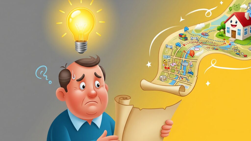 古い巻物を眺めて困っていた施主が、それが宝の地図だと気づき、頭上の電球が光るイラスト。
