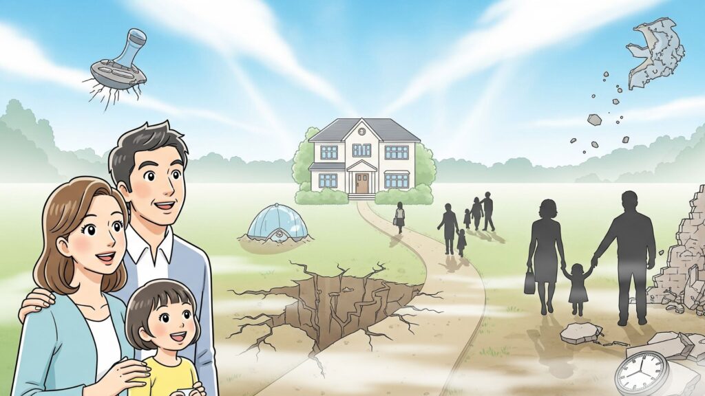 輝くマイホームを眺める家族。しかしその先の未来の道には、災害や劣化などの障害物が見えている。