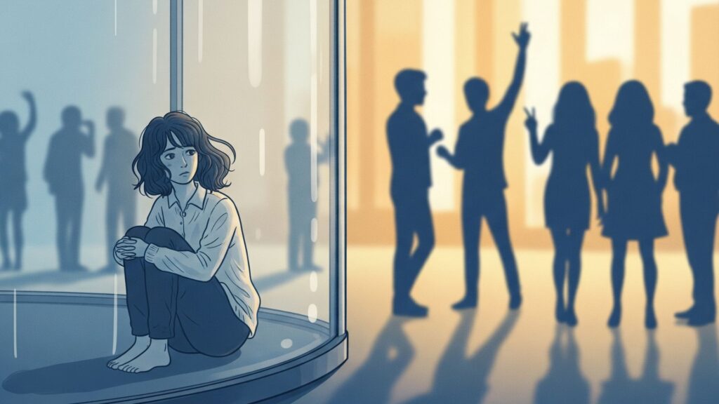 透明な壁の中で膝を抱えてうずくまる人物のイラスト。壁の外には人々のシルエットが見え、人間関係からの孤立や断絶を象徴している。