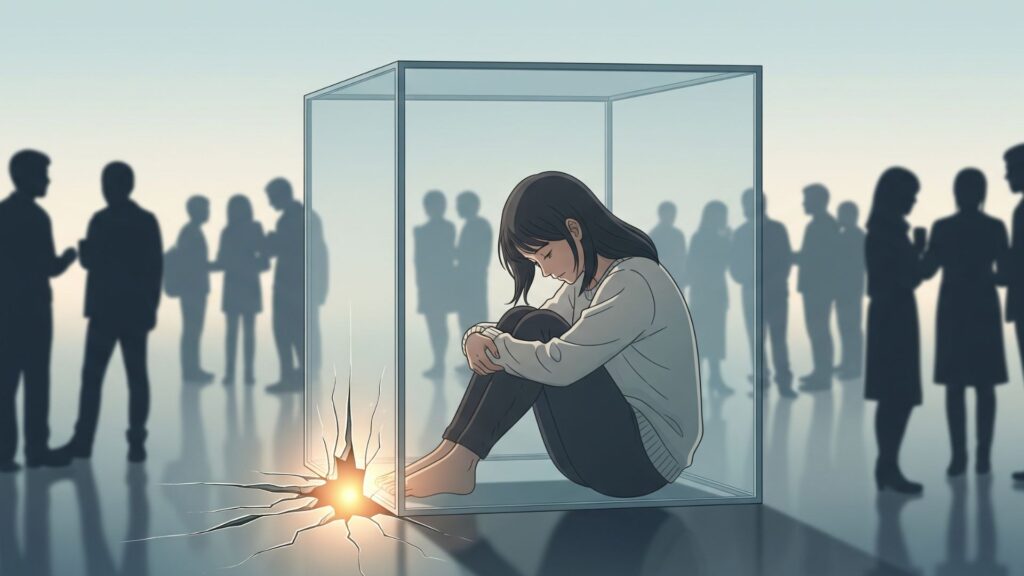 透明な箱の中で膝を抱える人物。箱の外では人々が楽しそうにしているが、人物の足元のひび割れからは光が差し込んでいる。人を信じるのが怖いという孤独感を象徴するイラスト。