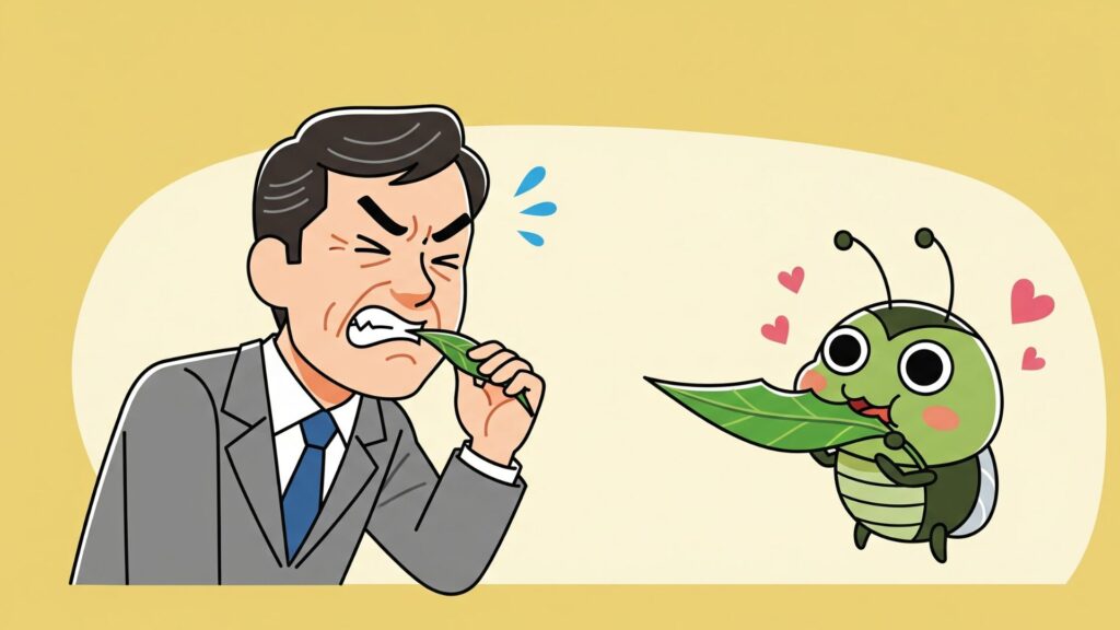 人がまずそうに蓼(たで)を食べている横で、虫が美味しそうに同じ蓼を食べている「蓼食う虫も好き好き」ということわざを表したイラスト。