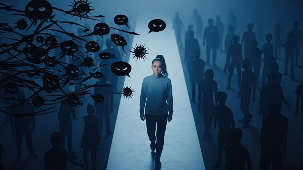 一人の人物がまっすぐな道を歩もうとしているが、周囲からの冷たい視線や陰口が風となって吹き付けているイラスト。
