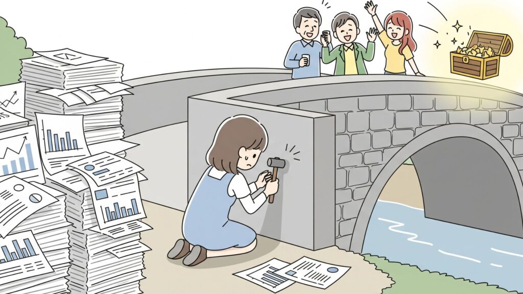 石橋の手前で女性がハンマーで橋を叩き続けているイラスト。周りには分析資料が山積みで、橋の向こうでは他の人々が楽しんでいる。機会損失を表現している。