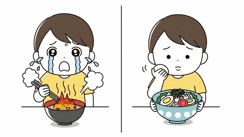 左右に分かれたイラスト。左側では人物が熱いスープで舌を火傷し泣いている。右側では同じ人物が、今度は冷たいなますを前にして、怖がりながら息を吹きかけている。過去の失敗が原因で過剰に用心深くなる様子を描いている。