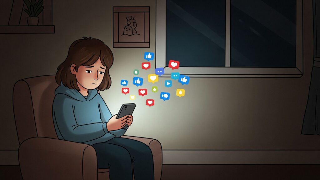SNSの通知に囲まれながらも、どこか虚ろな表情でスマートフォンを見つめる人物のイラスト。