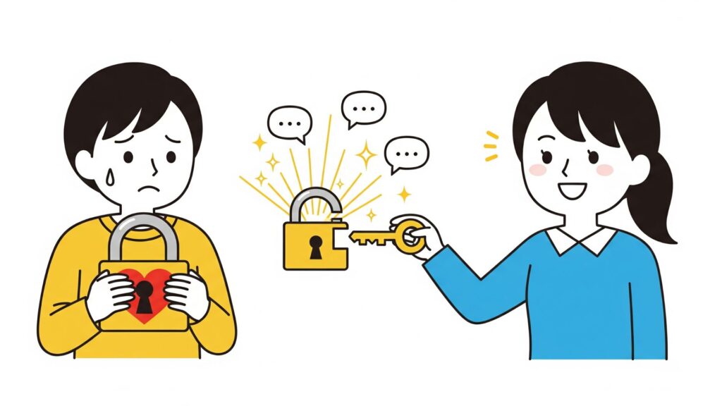 困った顔の男性の心にある錠前を、聞き上手な女性が鍵で開けているイラスト。開いた錠前からは光や吹き出しが溢れ、相槌が相手の心を開き、本音を引き出す様子を表現している。