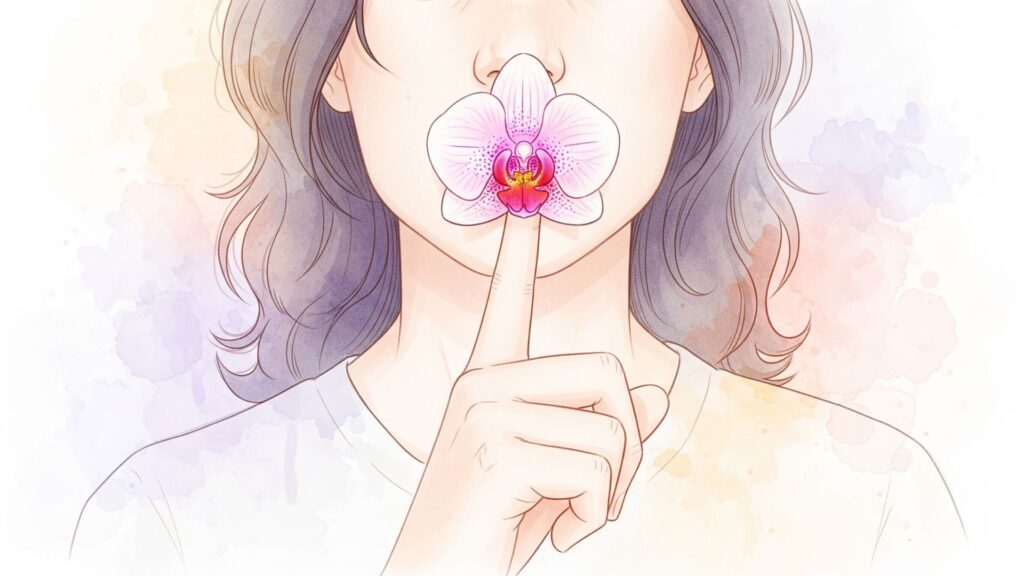 口元から言葉の代わりに美しい花が咲いている人物のイラスト。