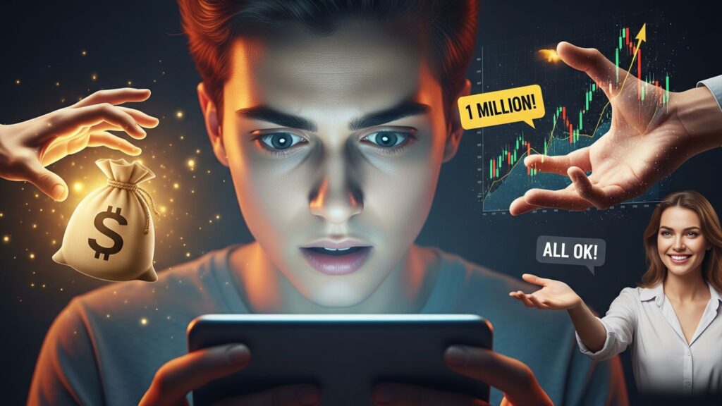 スマートフォンの画面から、金運財布や怪しい儲け話、インフルエンサーが飛び出し、ユーザーのお金を奪おうとしているイラスト。現代社会の金銭的な誘惑を表現している。