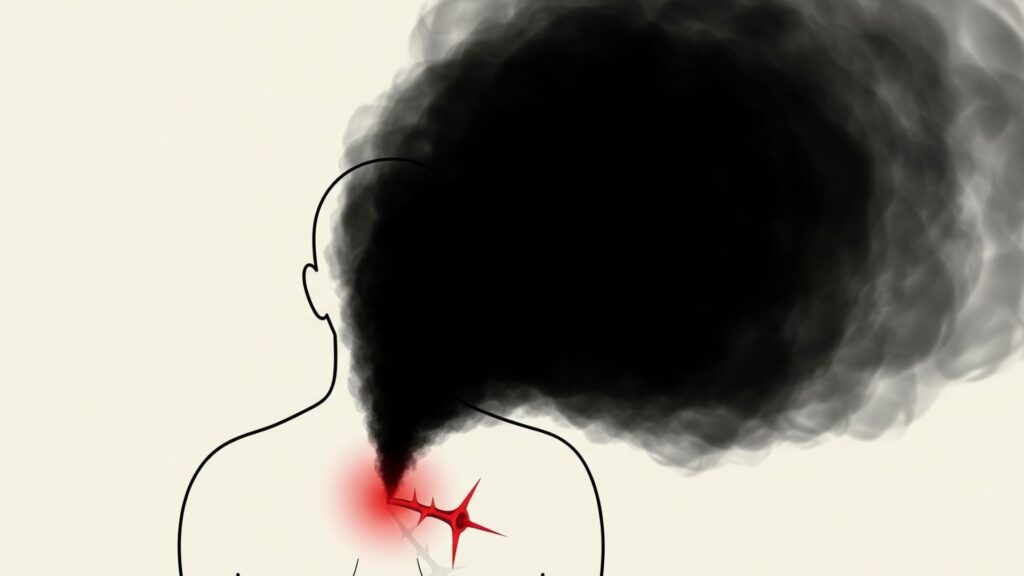 体の小さな痛み(一次痛)が、頭の中で「不安」や「つらさ」といった大きな精神的苦痛(二次痛)を生み出している様子を表した図。