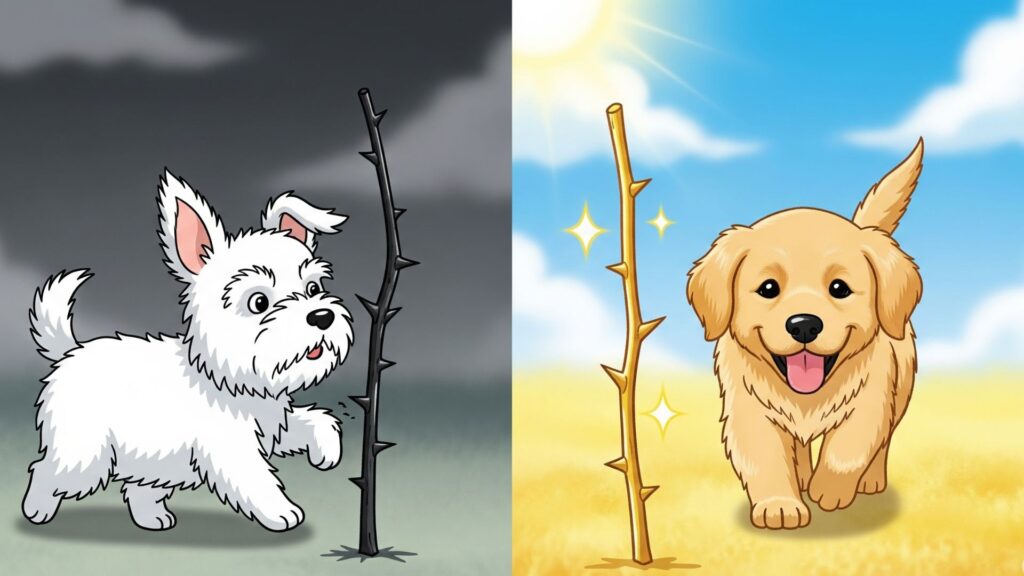 左側では犬が災難の棒にぶつかり、右側では犬が幸運の棒を見つけて喜んでいる対比イラスト。