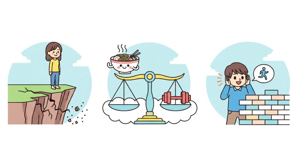不養生の原因となる3つの認知バイアスを表すイラスト。崖の端で平然としている人(正常性バイアス)、ラーメンが重く傾いた天秤(現在志向バイアス)、運動のアイコンから耳を塞ぎ壁を作る人(認知的不協和)が描かれている。