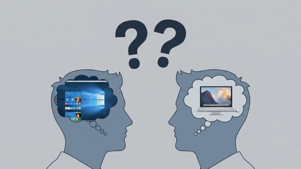 二人の人物の頭の中がそれぞれWindowsとMacのOSになっており、お互いを理解できずに困っている様子を描いたイラスト。