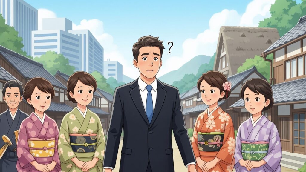ビジネスマンが伝統的な村の中で戸惑っているイラスト