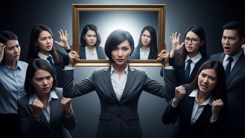 輝いている人物が持つ鏡が、周囲の人々の自信のない姿を映し出し、彼らが悔しがっているイラスト。嫉妬のメカニズムを表現している。