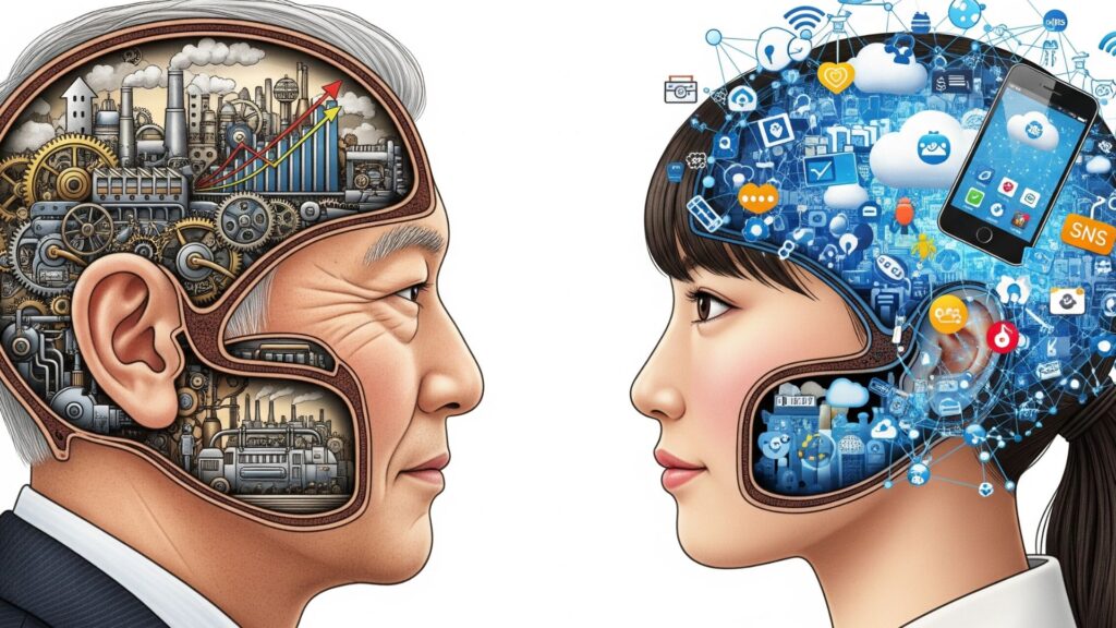 年配の人物の頭の中は歯車などの機械的なイメージ、若い人物の頭の中はスマホやクラウドなどデジタルなイメージで描かれ、世代間の思考の前提（OS）が異なることを表現したイラスト。