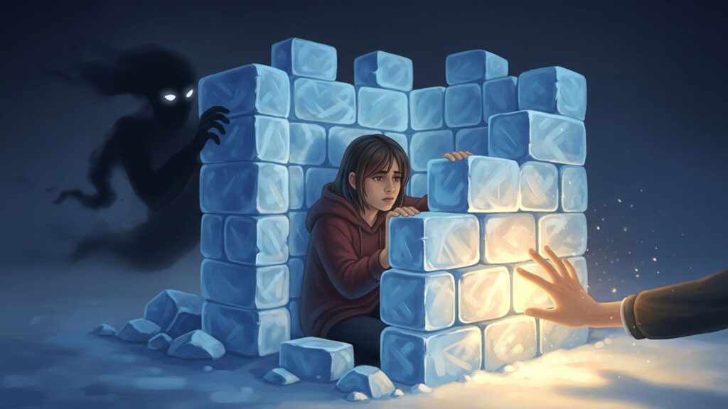 人物が自分の周りに氷の壁を築き、過去の裏切りの影から身を守っているイラスト。壁の外から差し伸べられる温かい手を無視しており、自己防衛のために新しい優しさを拒絶する悲しさを表現している。