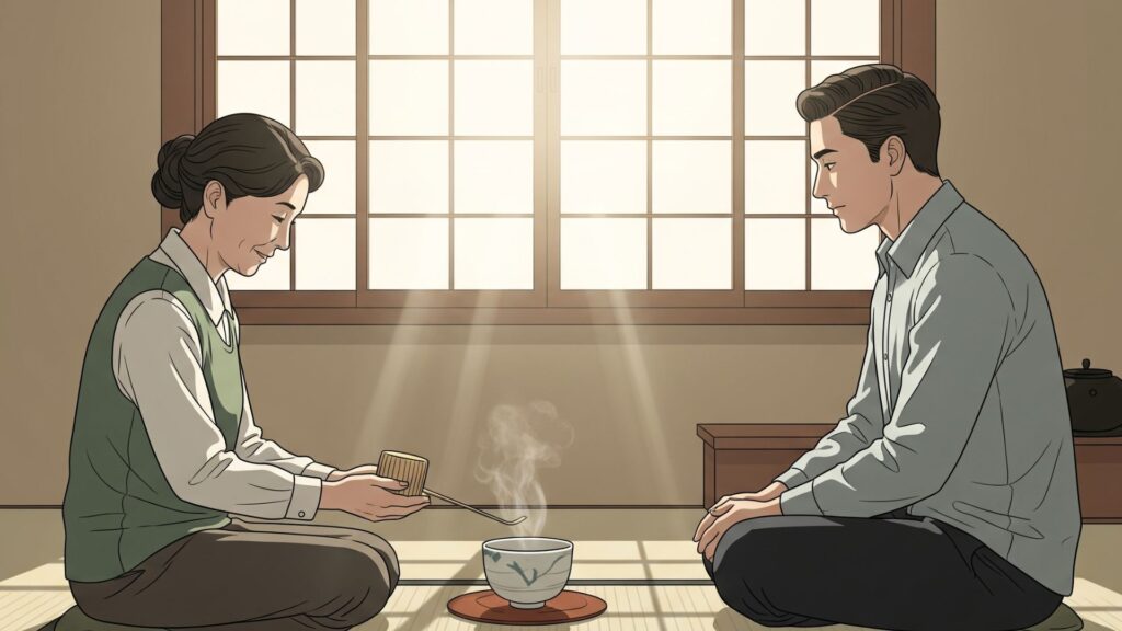 静かな茶室で、一服のお茶を介して真剣に向かい合う二人の人物。