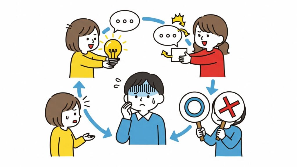 コミュニケーションにおける3つの落とし穴を示したイラスト。中央で困る男性に対し、周囲で「アドバイスの押し付け」「会話の横取り」「相手を評価する」という悪い聞き方の例が描かれている。