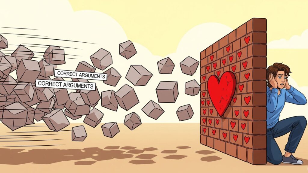 「正論」のブロックが、相手が持つ「感情」の壁に跳ね返されて届かない様子のイラスト。