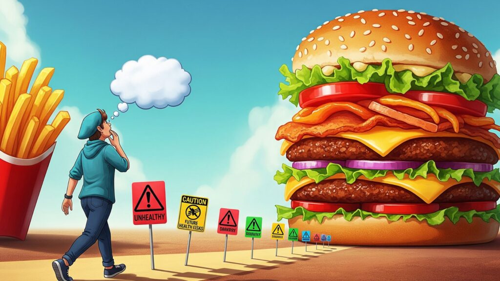 健康への道から外れ、目の前の不健康な食事という誘惑に向かってしまう人物を描いた風刺イラスト。