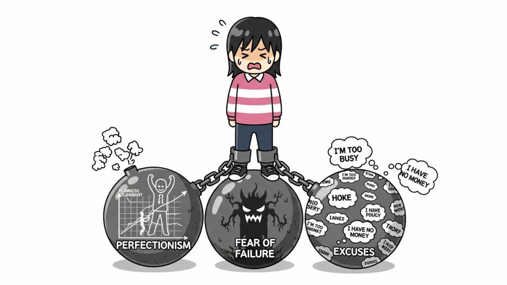 「完璧主義」「失敗への恐怖」「やらない理由」と象徴的に描かれた3つの重りを足につけられて動けない人物のイラスト。