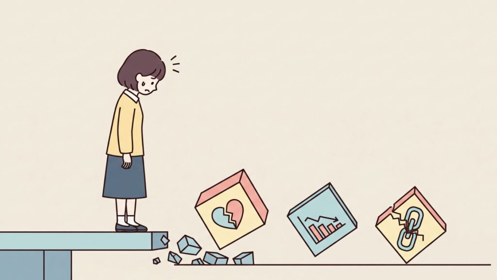 人物が崩れゆく足場の上で不安そうに立っているイラスト。崩れるブロックには、ひび割れたハート(身体)、下降グラフ(仕事)、壊れた鎖(人間関係)のアイコンが描かれ、不養生のリスクを象徴している。