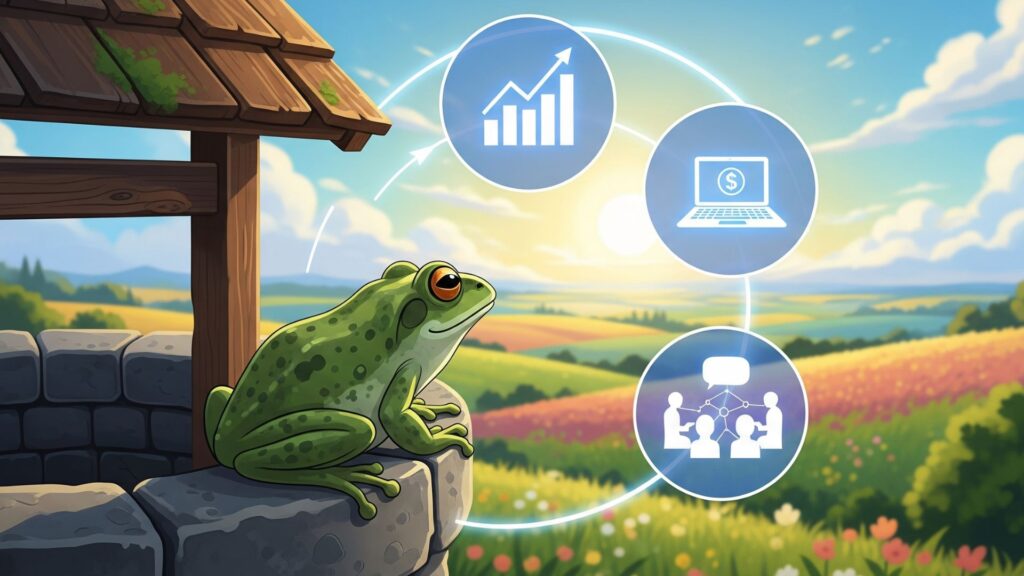 井戸のフチから外の世界を眺める蛙のイラスト。周囲に市場価値測定、副業、社外交流を象徴するアイコンが浮かんでいる。