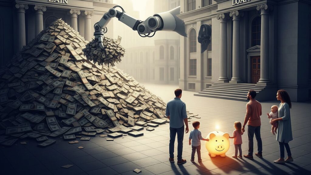 銀行から差し出される大きすぎるお金の山を不安そうに見上げる家族のイラスト。「借りられる額」に惑わされる危険性を示唆している。