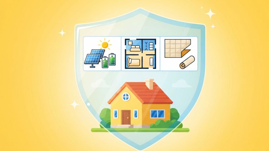 太陽光パネルや丈夫な外壁、可変間取りといった「備え」のバリアで守られている家のイラスト。