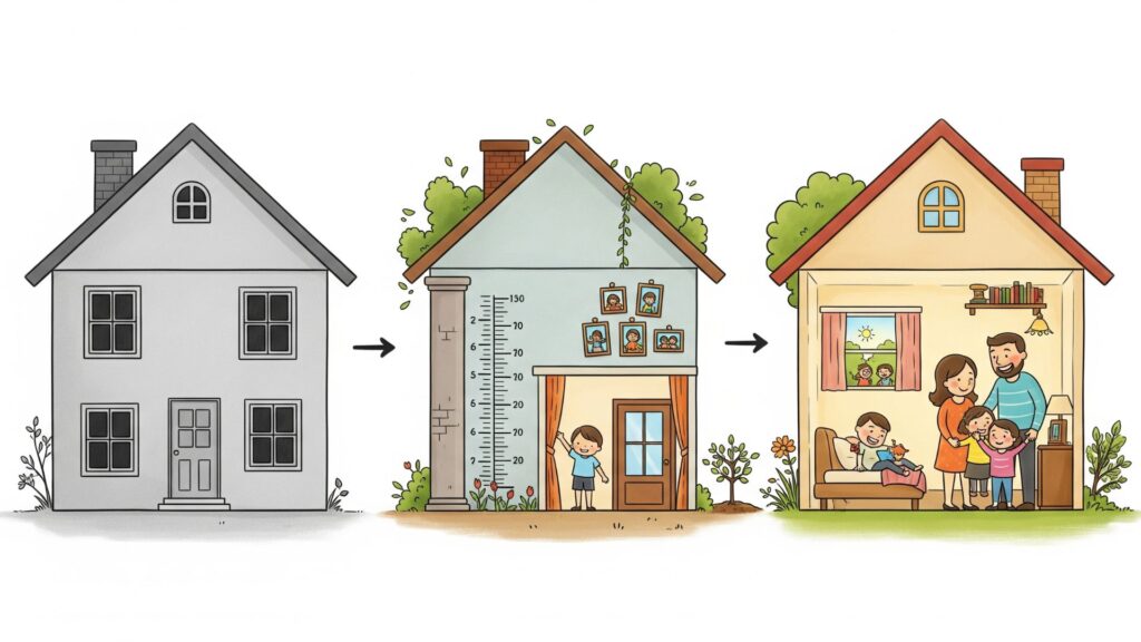 無機質な「家(House)」が、家族の思い出と共に色付き、温かい「我が家(Home)」へと育っていく過程を描いたイラスト。