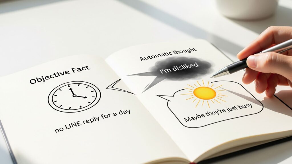 ノートの上で「客観的な事実」と「ネガティブな解釈(自動思考)」、「他の可能性」を切り離して考えているイラスト。思考を客観視する様子を描いている。