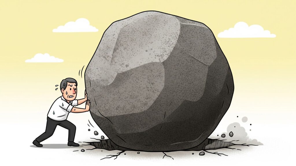 一人の人物が、自分の何倍も大きい巨大な岩を汗だくで押しているが、全く動いていない様子。相手の価値観を変えようとすることの無益さを表すイラスト。