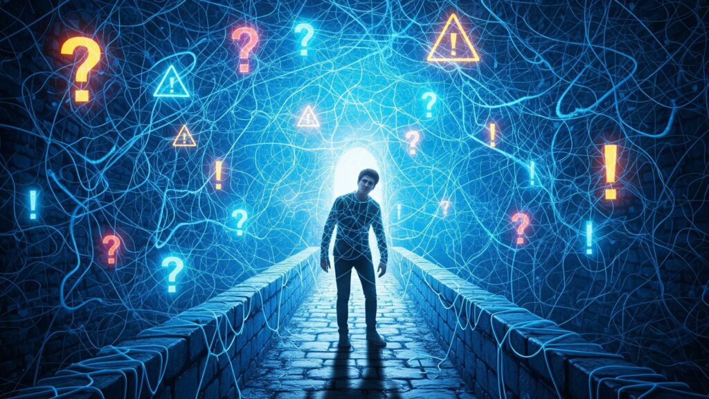 石橋を渡ろうとする男性が、自分の思考が生み出したクモの巣のような光る糸に絡め取られ、動けなくなっているイラスト。考えすぎが行動を妨げる「分析麻痺」の状態を表現している。
