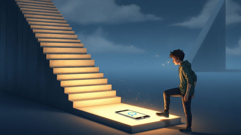 天まで続く巨大な階段を前に途方に暮れる人物のイラスト。しかし、最初の一段だけは非常に低く、スマホのアイコンが描かれ温かい光を放っている。大きな目標も、ごく簡単な最初の一歩から始められることを示している。