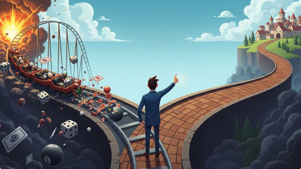 分かれ道の前に立つ人物のイラスト。左はサイコロが転がる不安定なジェットコースターの道で、その先は爆発している。右は着実に上るレンガの道で、その先には穏やかな街がある。賢明な選択を促している。