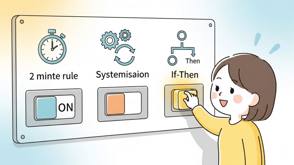 人物が壁の操作パネルにある3つのスイッチの一つを入れようとしているイラスト。スイッチにはそれぞれタイマー、歯車、分岐路のアイコンが描かれており、「2ミニッツ・ルール」「仕組み化」「If-Thenプランニング」を象徴している。
