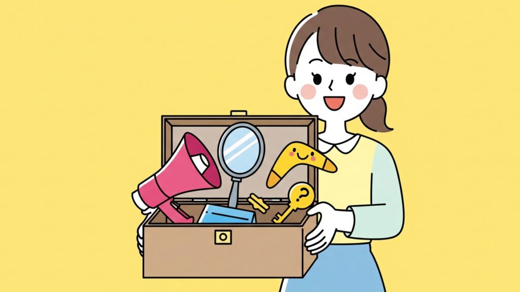 女性が聞き上手になるための道具箱を持っているイラスト。箱の中には、相槌を象徴するメガホン、ミラーリングを表す鏡、オウム返しを示すブーメラン、質問力を示す鍵が入っている。