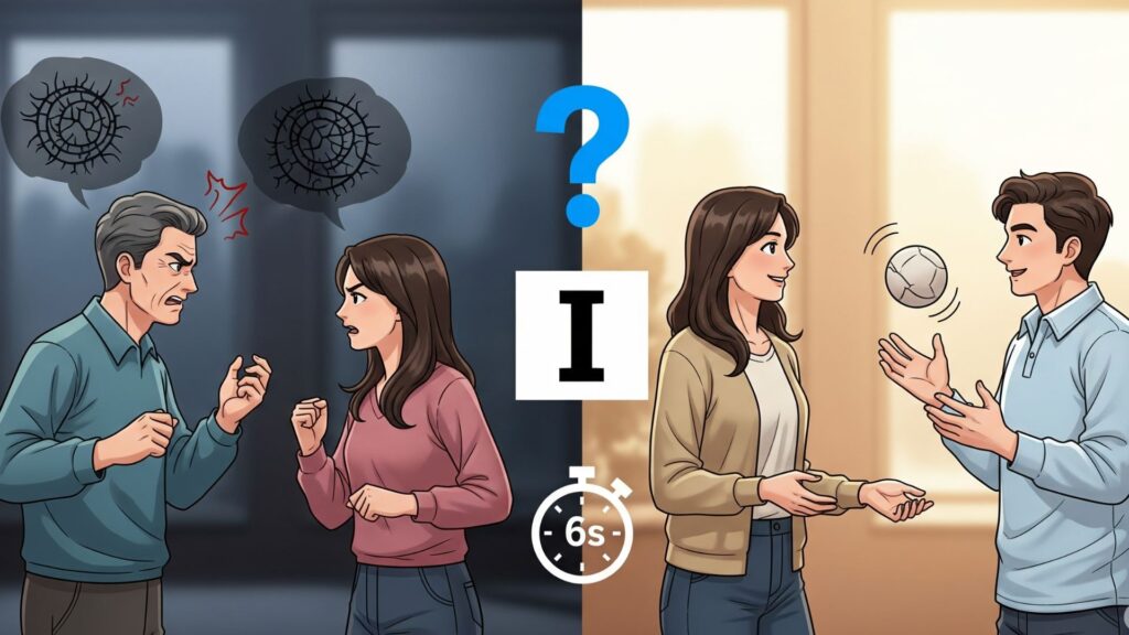 「質問」「Iメッセージ」「6秒ルール」のアイコンを介して、ギクシャクしていた二人の会話がスムーズになる様子のイラスト。