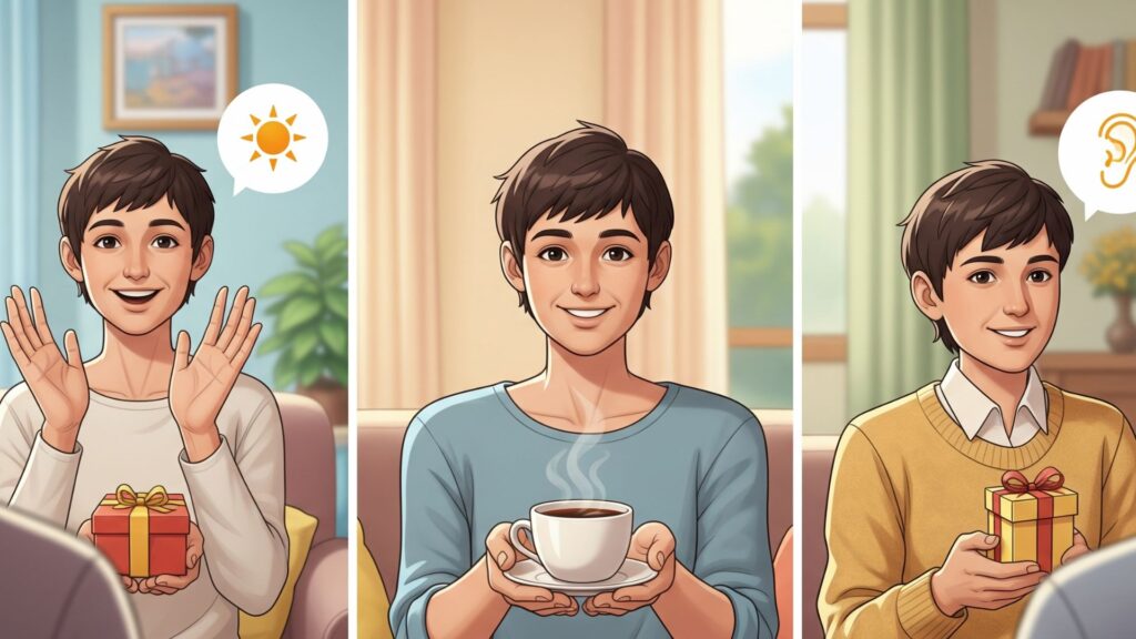 「挨拶」「小さな親切」「聞く姿勢」という3つのギブを実践している人物のイラスト。