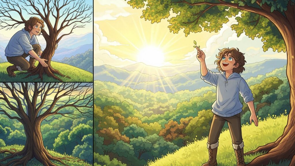 丘の上から、晴れやかな表情で眼下に広がる朝日と美しい森を見渡す人物のイラスト。人間不信を乗り越え、希望に満ちた未来を見ている様子を象徴している。