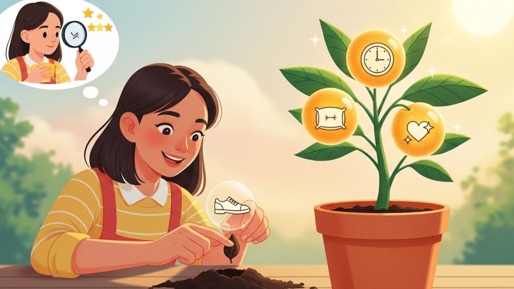 女性が良い靴の種を植え、リサーチし、育てているイラスト。育った植物には、快適さ、時間、喜びを象徴するアイコンの果実が実っており、良い買い物が未来への投資になることを表現している。