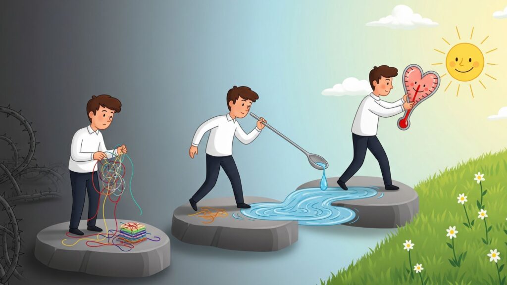 暗い場所から明るい場所へ、3つの飛び石を渡る人物のイラスト。最初の石で思考を整理し、次の石でスプーンで水を味見し、最後の石で太陽に温度計をかざしている。人を再び信じるための回復の道のりを描いている。