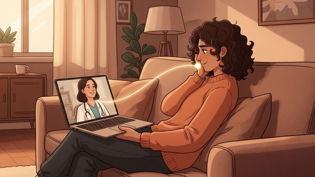 自宅のソファでリラックスした人物が、ノートパソコンで医師とビデオ通話をしているイラスト。画面の中の医師と人物が光の線で結ばれ、オンライン相談の気軽さと安心感を表現している。