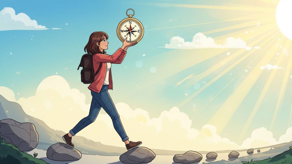 自分の手で羅針盤をしっかりと持ち、朝日が昇る未来に向かって力強く歩き出す人物のイラスト。